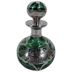American Art Nouveau Emerald Glass and Silver Overlay Perfume Bottle