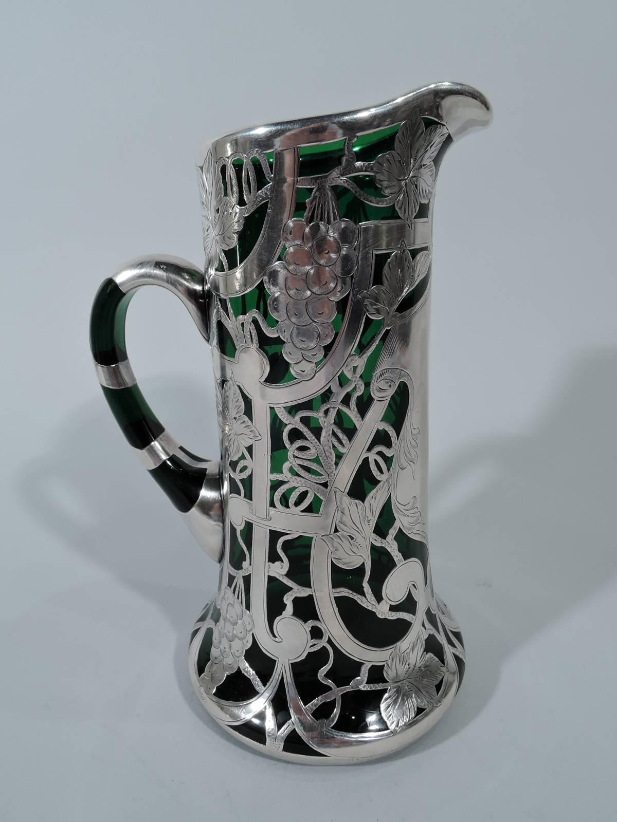 American Art Nouveau Emerald Green Glass Silver Overlay Claret Jug In Excellent Condition In New York, NY