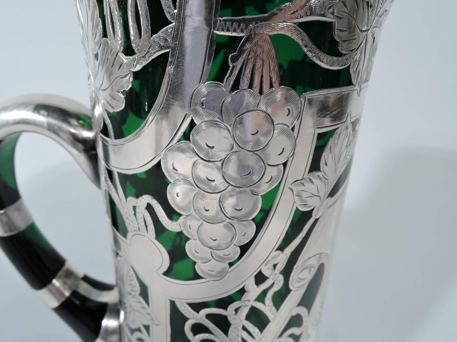 20th Century American Art Nouveau Emerald Green Glass Silver Overlay Claret Jug