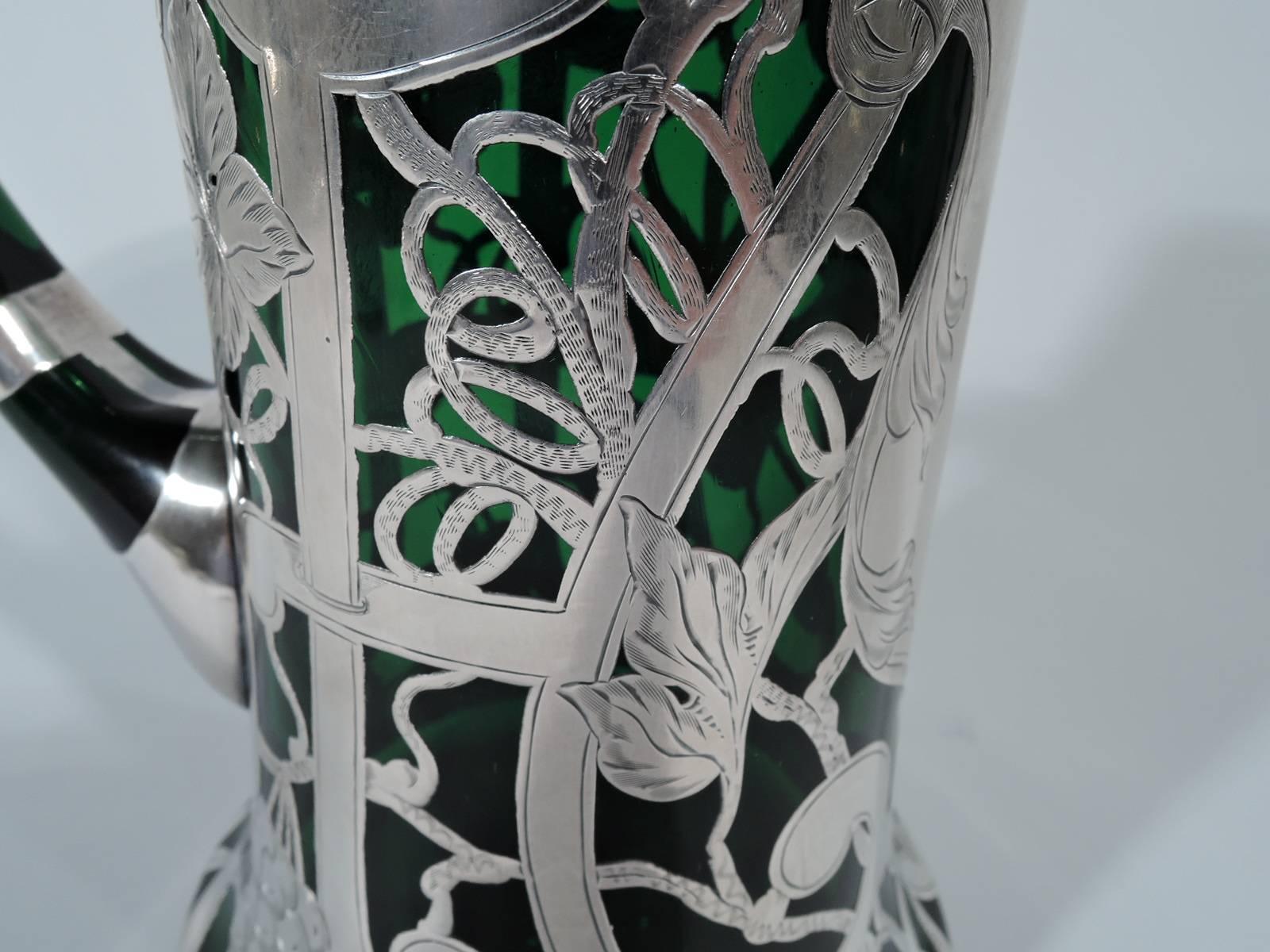 American Art Nouveau Emerald Green Glass Silver Overlay Claret Jug 1