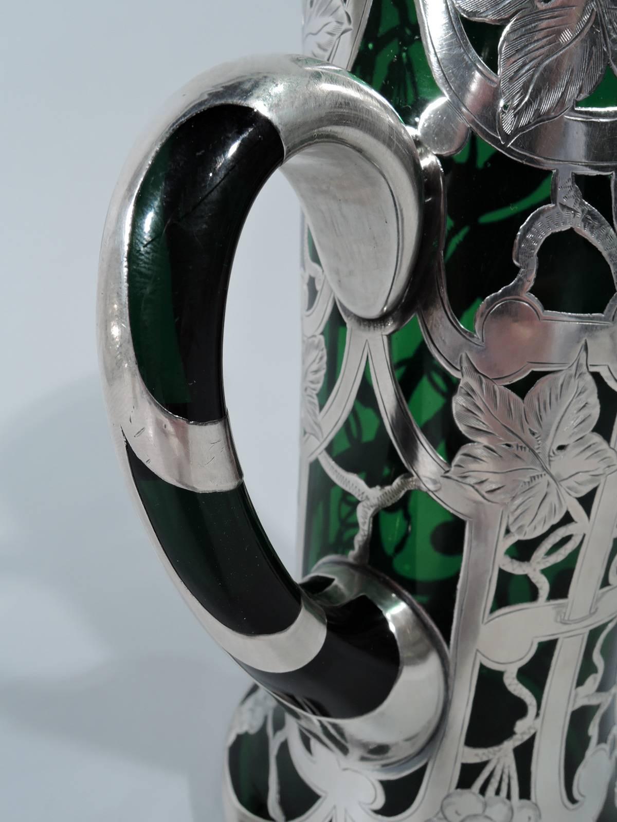 American Art Nouveau Emerald Green Glass Silver Overlay Claret Jug 2