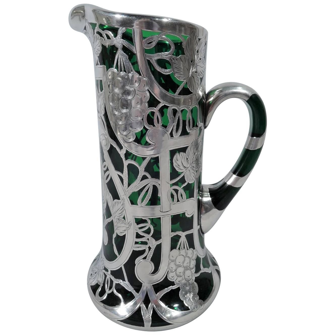 American Art Nouveau Emerald Green Glass Silver Overlay Claret Jug