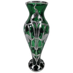 American Art Nouveau Emerald Green Glass Vase with Silver Overlay