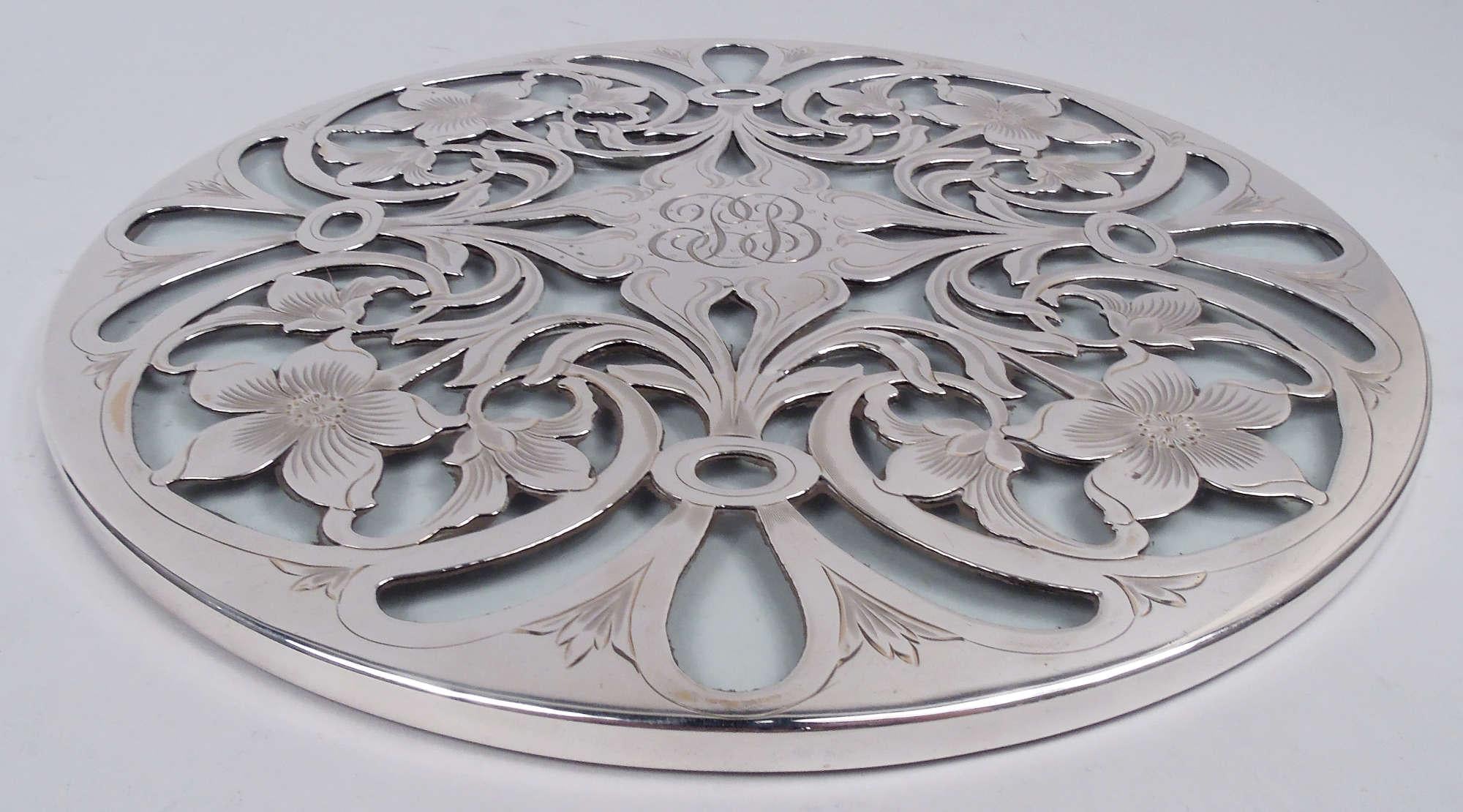 Engraved American Art Nouveau Floral Silver Overlay 10-Inch Round Trivet