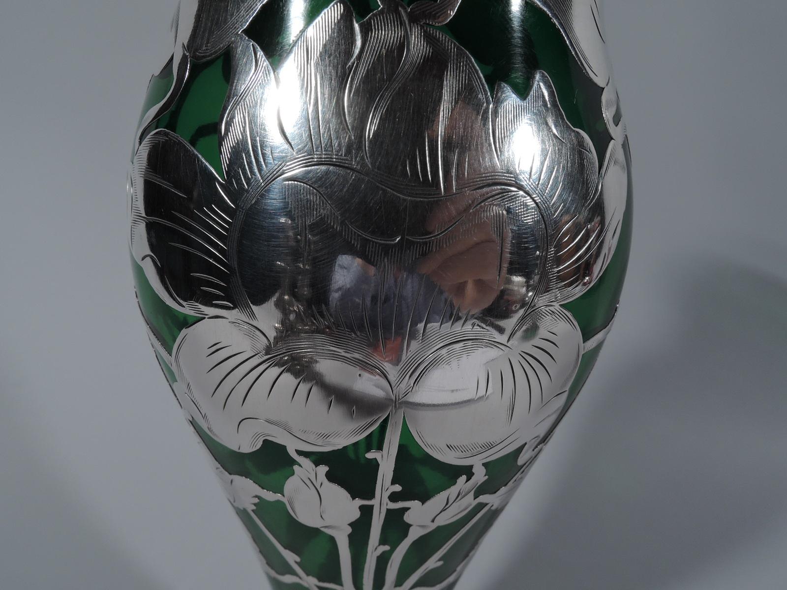 American Art Nouveau Green Glass Vase with Floral Silver Overlay In Excellent Condition In New York, NY
