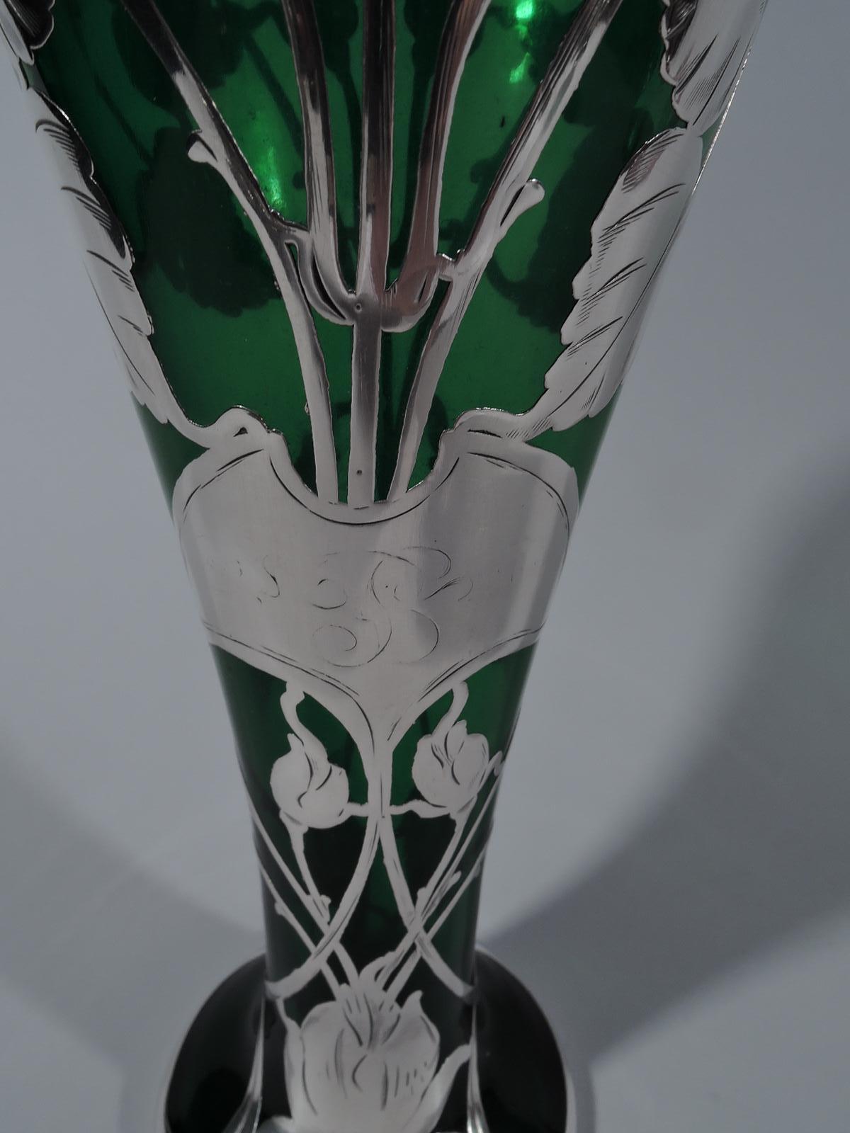 20th Century American Art Nouveau Green Glass Vase with Floral Silver Overlay