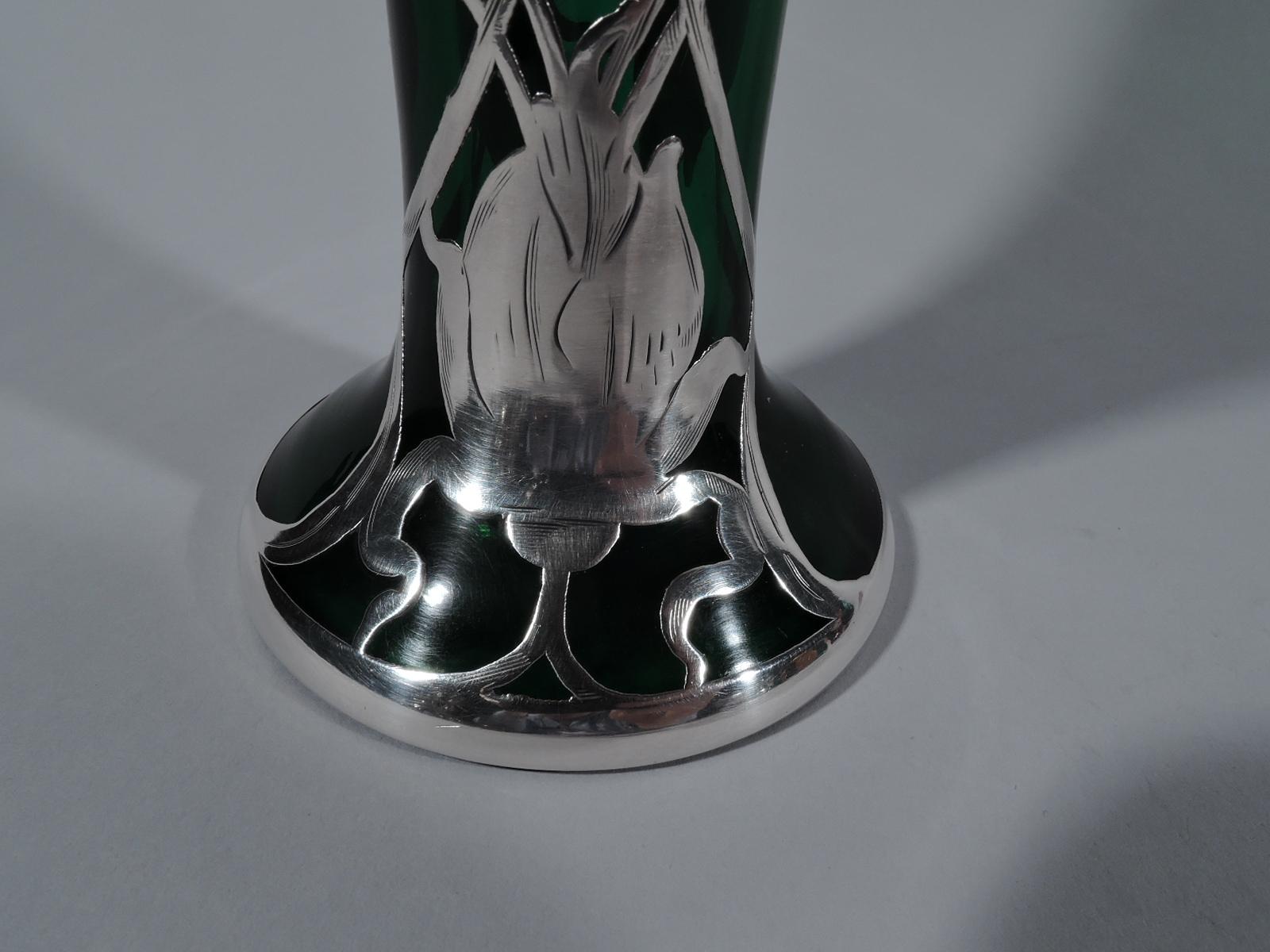 American Art Nouveau Green Glass Vase with Floral Silver Overlay 1