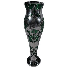 American Art Nouveau Green Glass Vase with Floral Silver Overlay