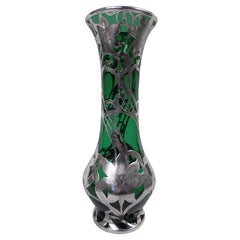 American Art Nouveau Green Silver Overlay 12-Inch Vase