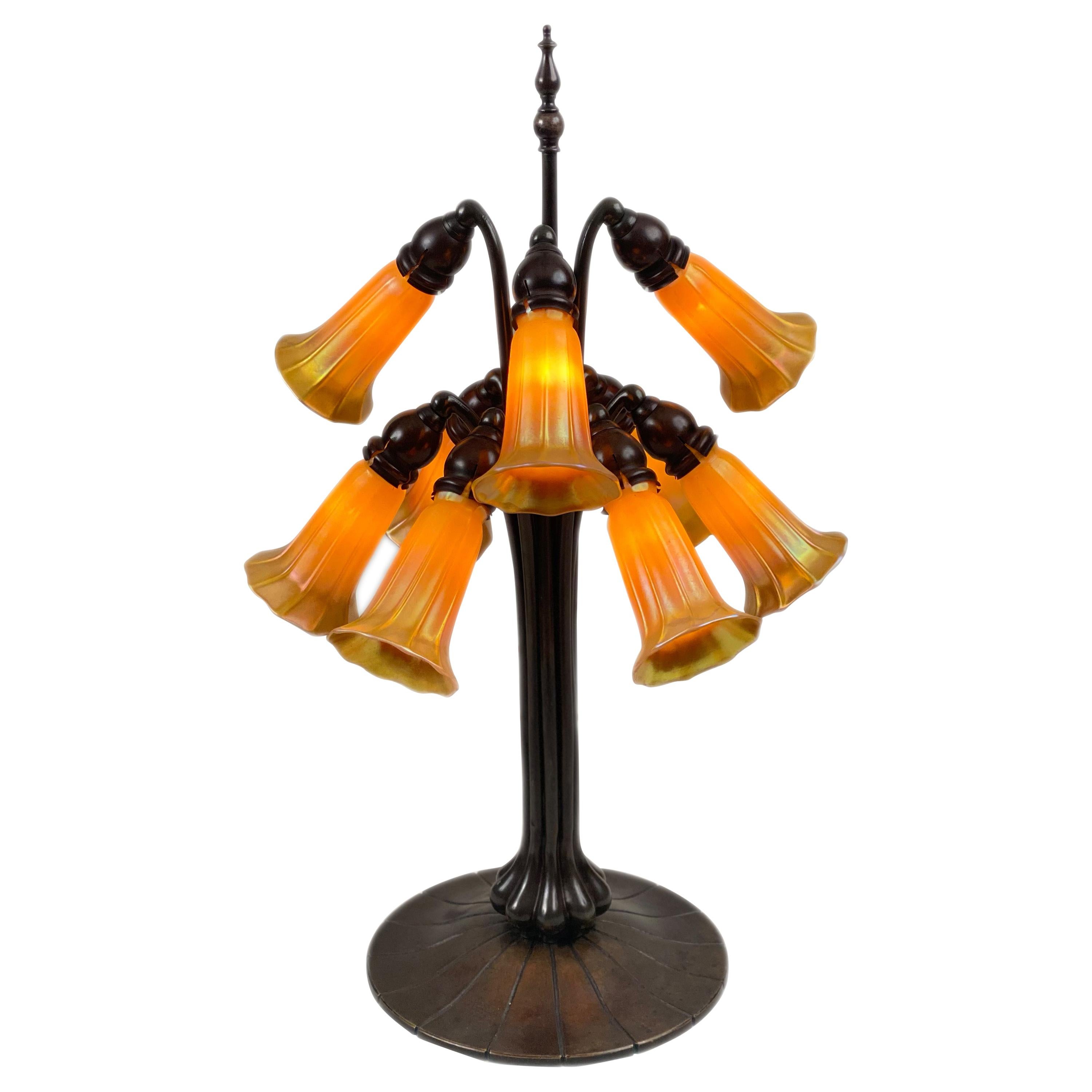 American Art Nouveau Lily Table Lamp by, Quezal Glass & Decorating Company
