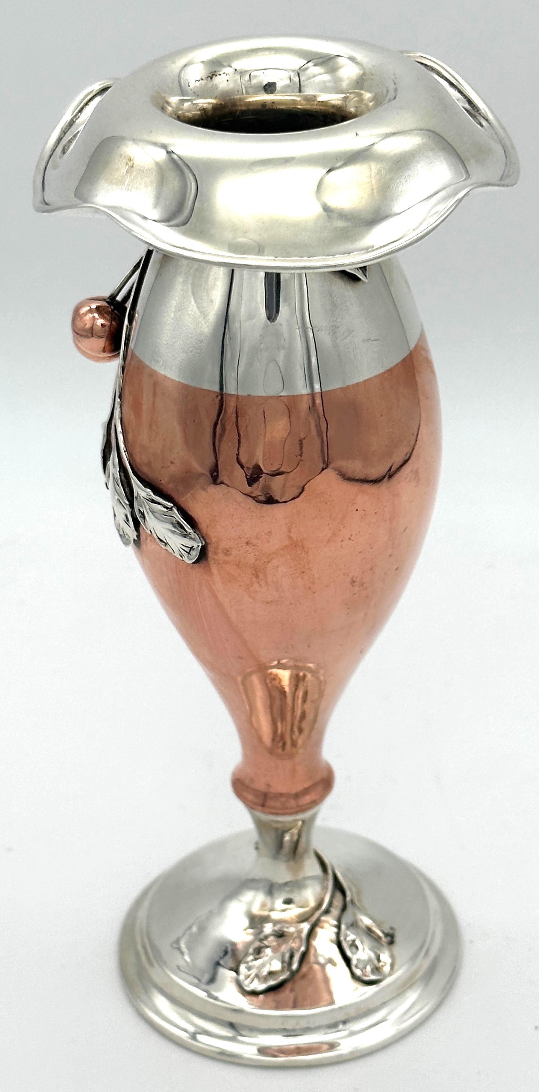 Polished American Art Nouveau Mixed Metal Copper & Sterling Cherry Motif Vase For Sale