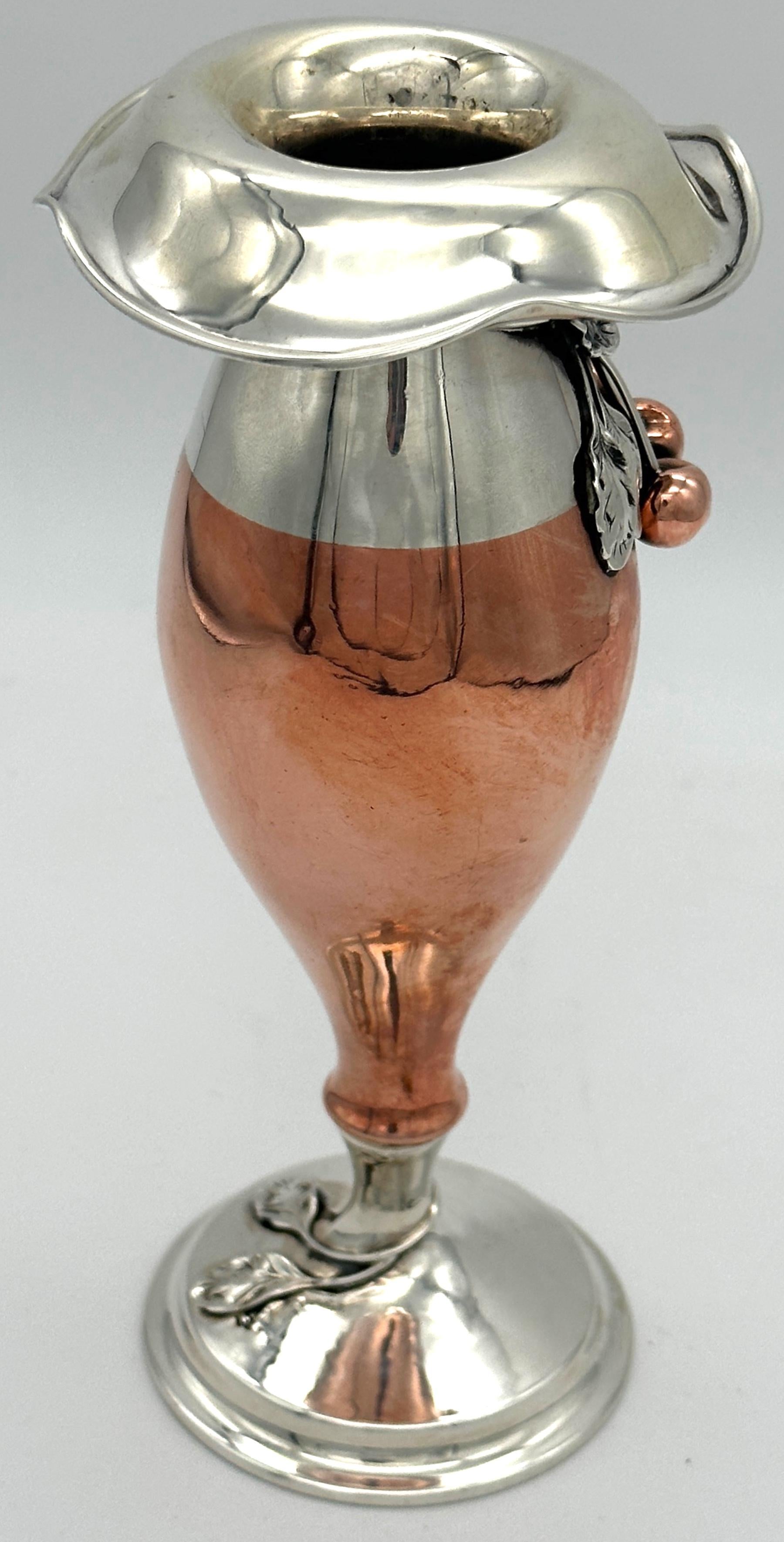 American Art Nouveau Mixed Metal Copper & Sterling Cherry Motif Vase In Good Condition For Sale In West Palm Beach, FL