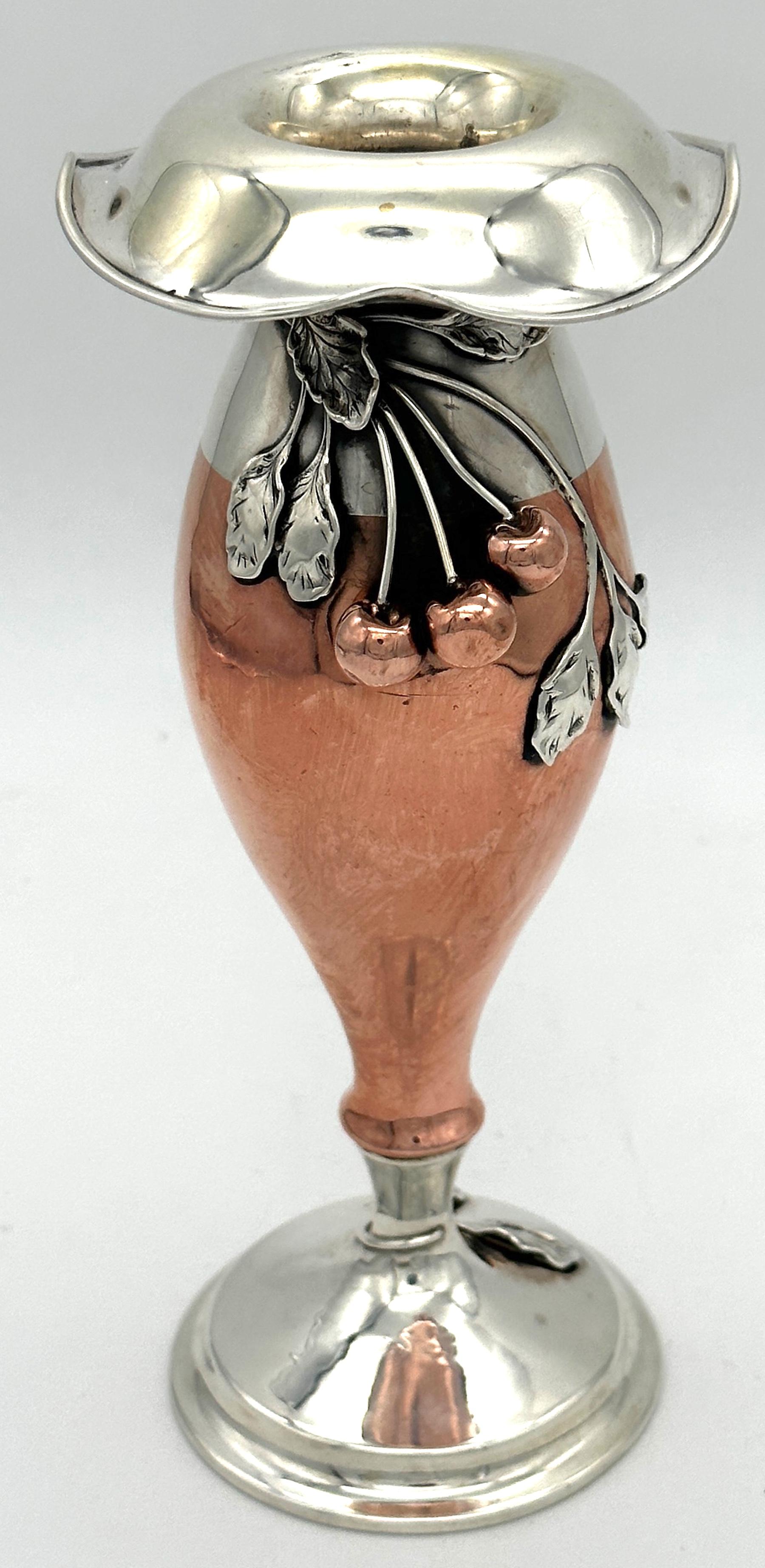 20th Century American Art Nouveau Mixed Metal Copper & Sterling Cherry Motif Vase For Sale