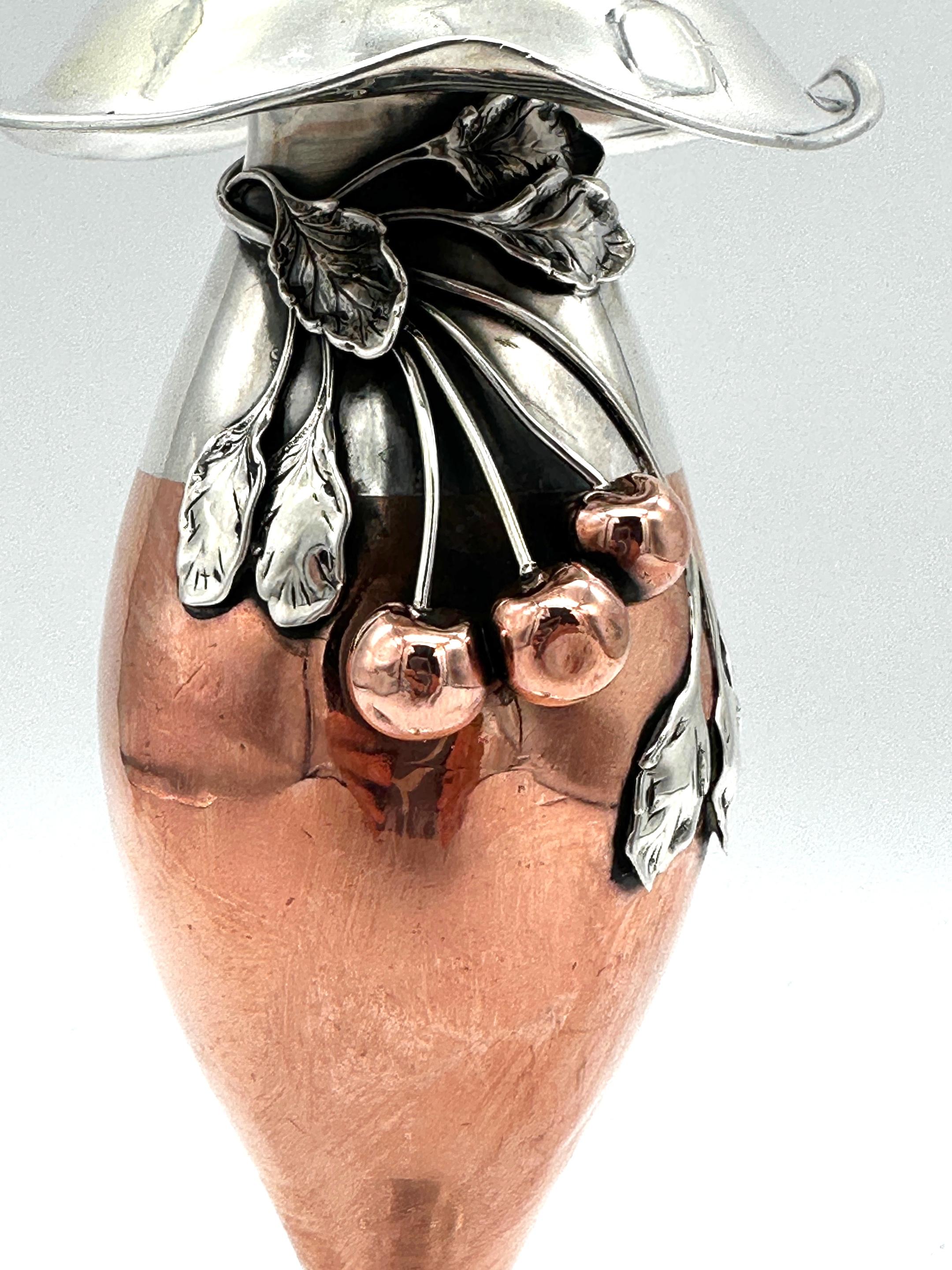 Sterling Silver American Art Nouveau Mixed Metal Copper & Sterling Cherry Motif Vase For Sale