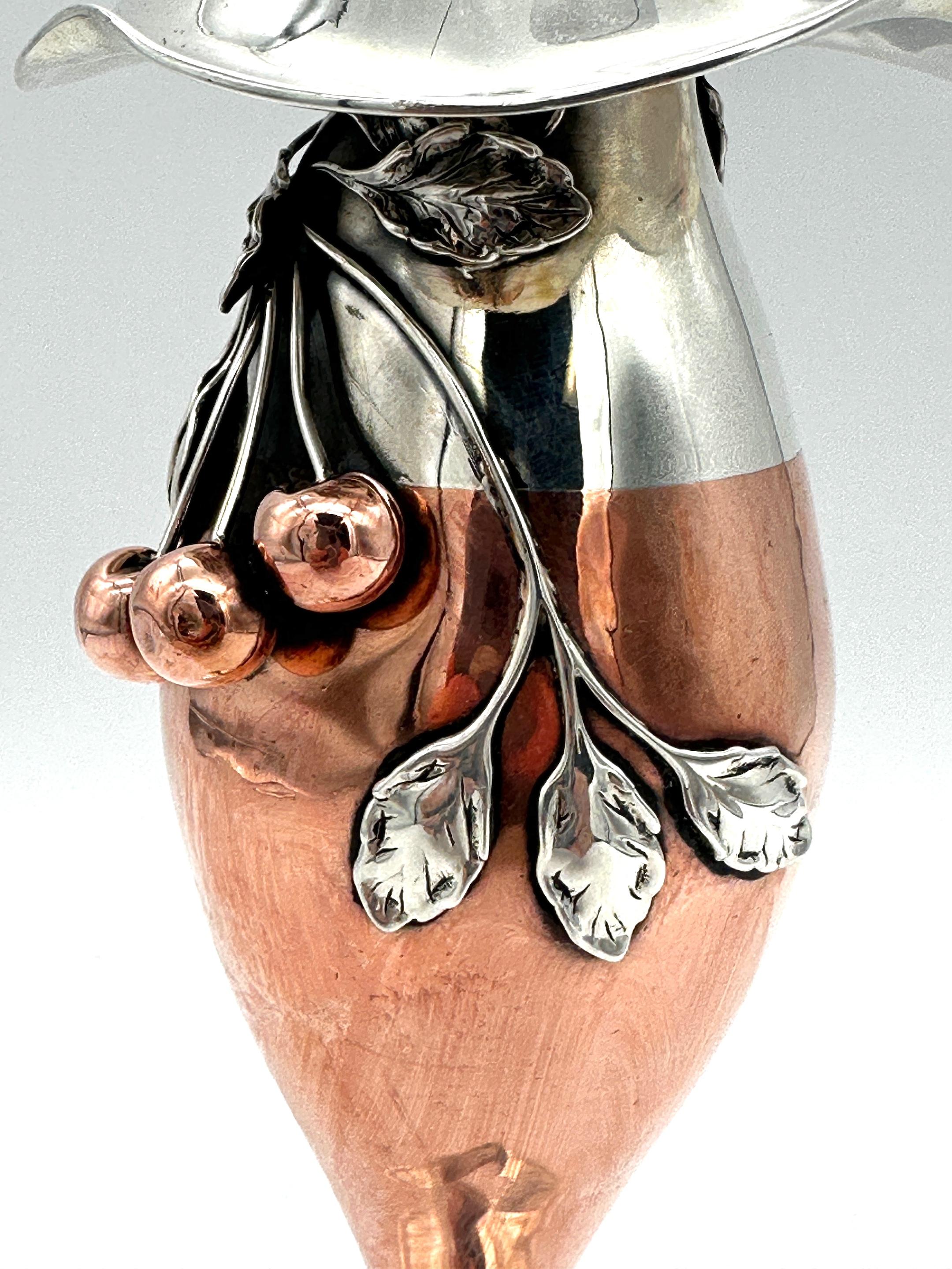 American Art Nouveau Mixed Metal Copper & Sterling Cherry Motif Vase For Sale 1