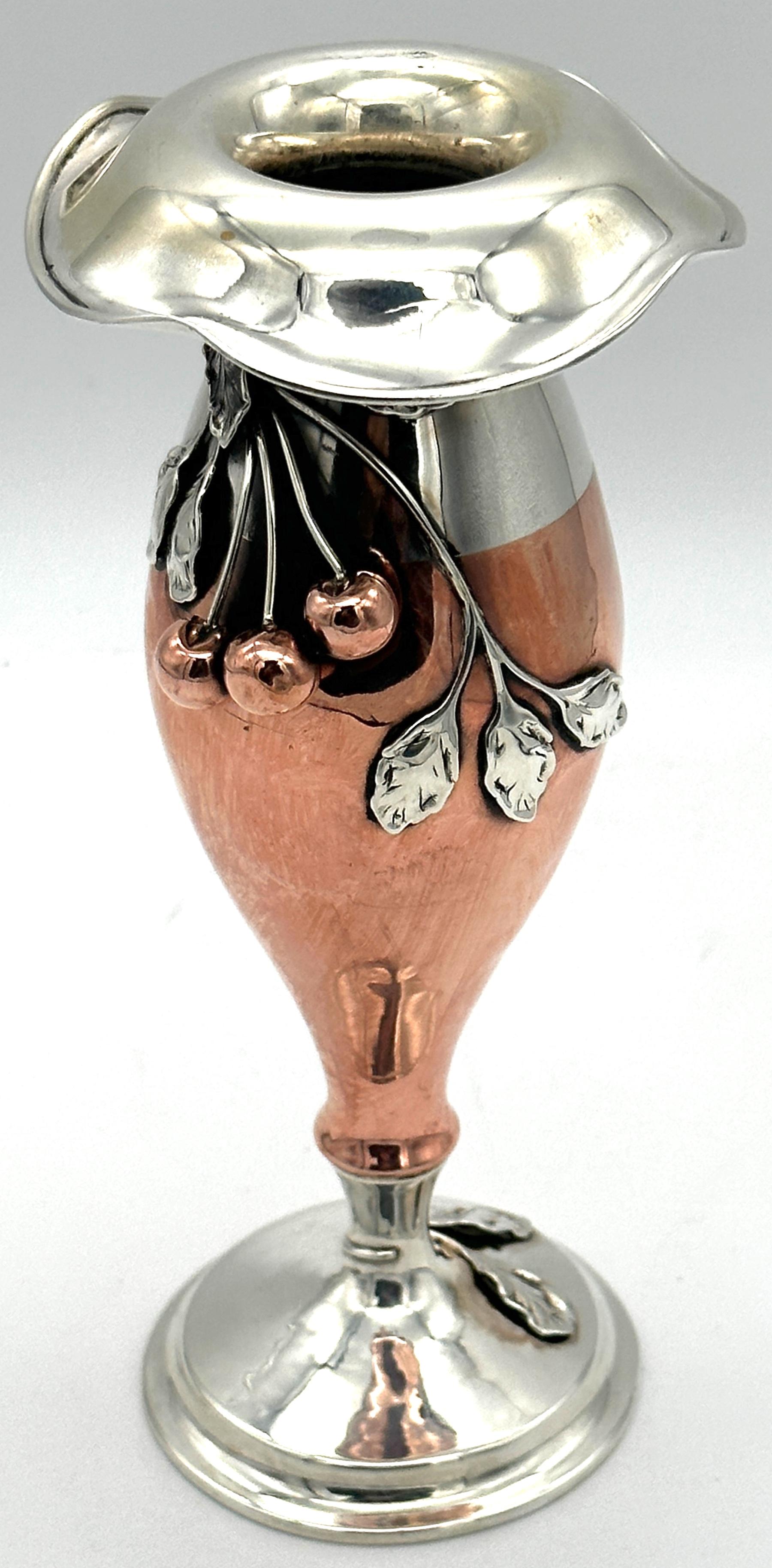 American Art Nouveau Mixed Metal Copper & Sterling Cherry Motif Vase For Sale 3