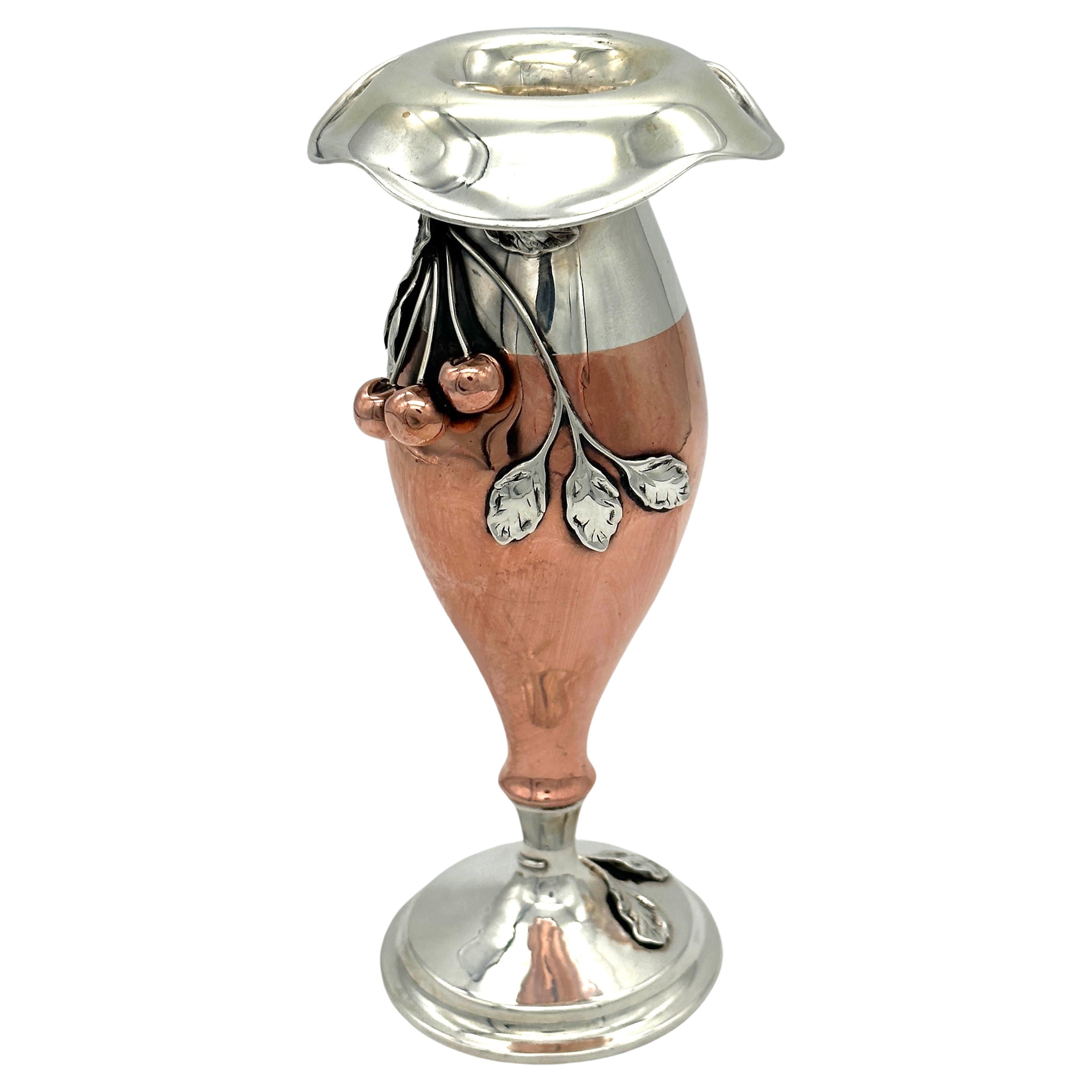 American Art Nouveau Mixed Metal Copper & Sterling Cherry Motif Vase For Sale