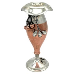 Antique American Art Nouveau Mixed Metal Copper & Sterling Cherry Motif Vase