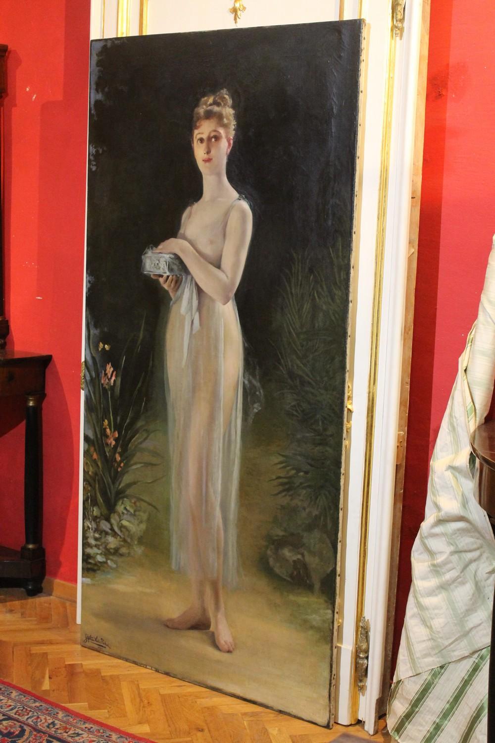 American Art Nouveau Oil on Canvas Painting, Portrait of a Woman in a Landscape 7