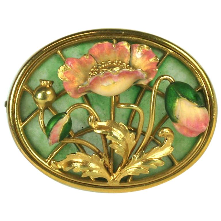 American Art Nouveau Plique a Jour Brooch For Sale