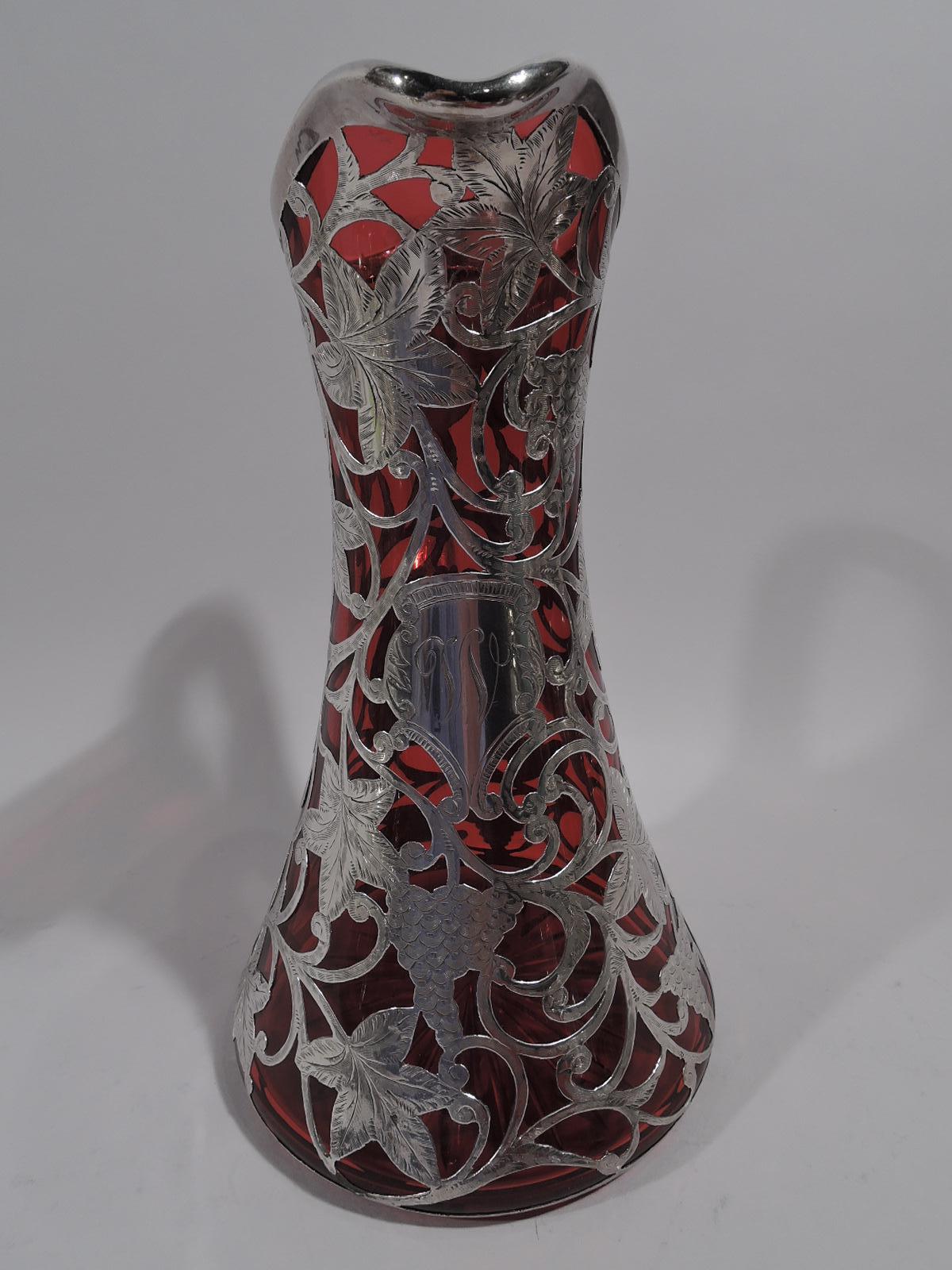American Art Nouveau Red Glass Pitcher with Grapevine Silver Overlay In Excellent Condition In New York, NY