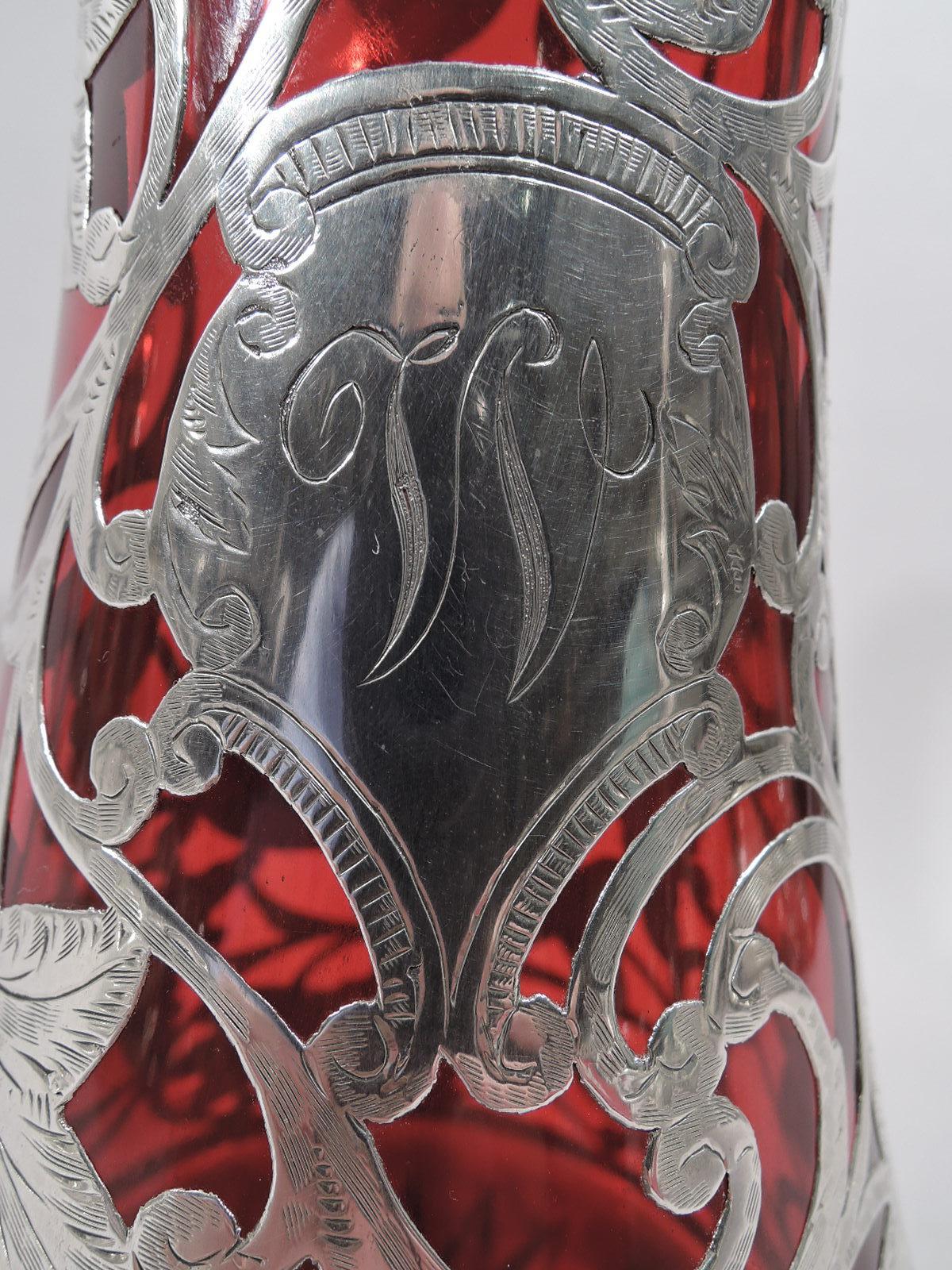 American Art Nouveau Red Glass Pitcher with Grapevine Silver Overlay 2