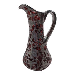 American Art Nouveau Red Glass Pitcher with Grapevine Silver Overlay