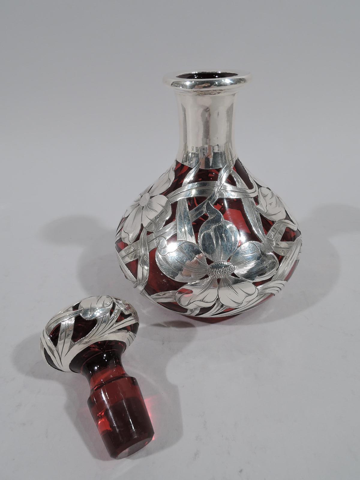 American Art Nouveau Red Glass Silver Overlay Perfume with Big Blooms In Excellent Condition In New York, NY