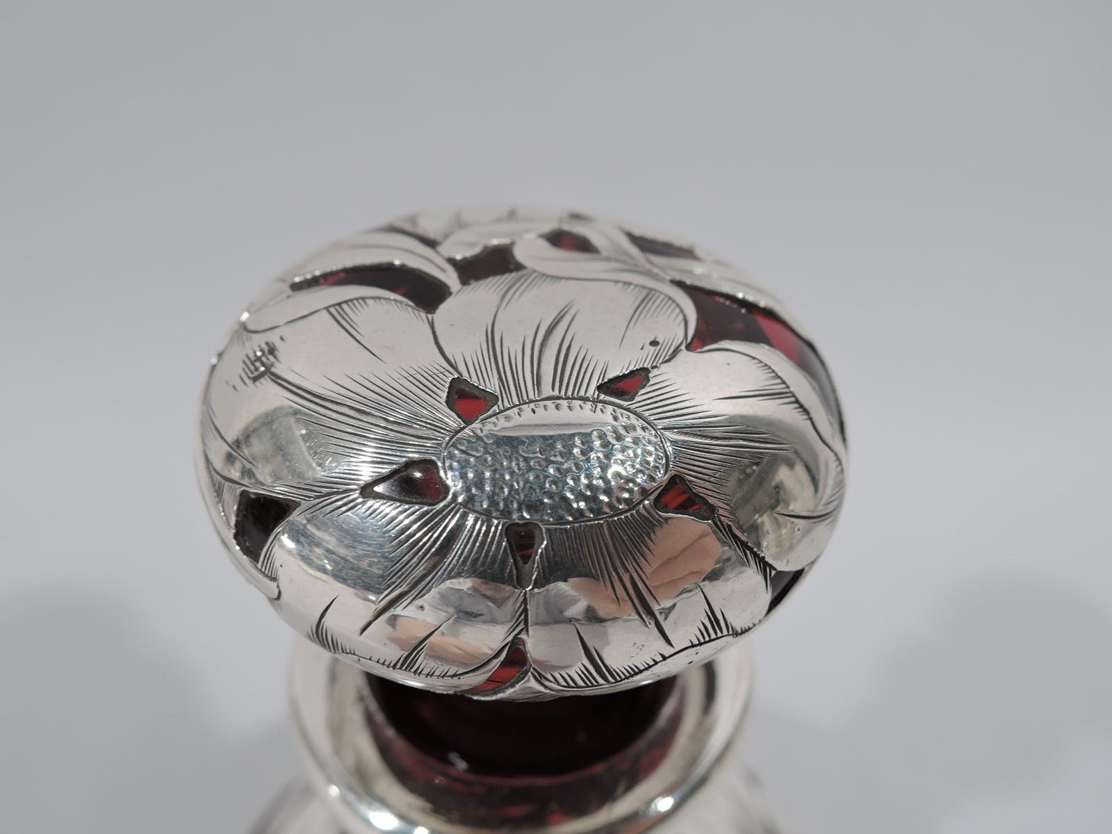 20th Century American Art Nouveau Red Glass Silver Overlay Perfume with Big Blooms