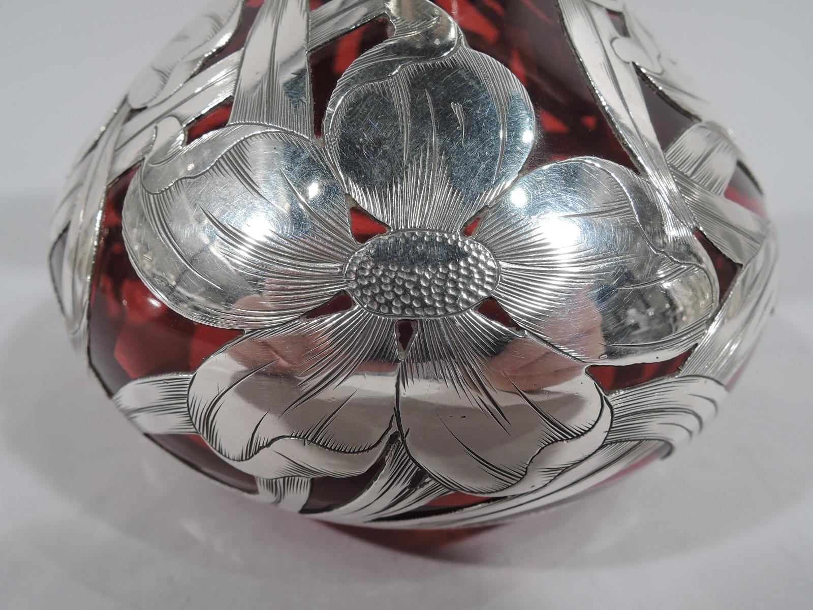 American Art Nouveau Red Glass Silver Overlay Perfume with Big Blooms 2