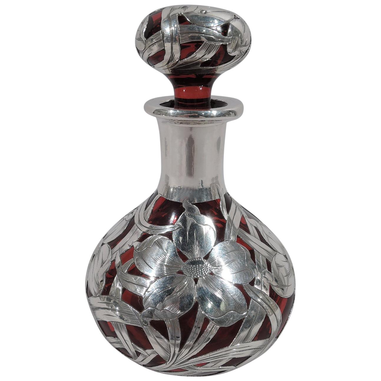 American Art Nouveau Red Glass Silver Overlay Perfume with Big Blooms