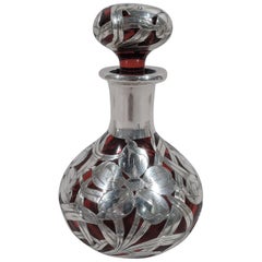 American Art Nouveau Red Glass Silver Overlay Perfume with Big Blooms