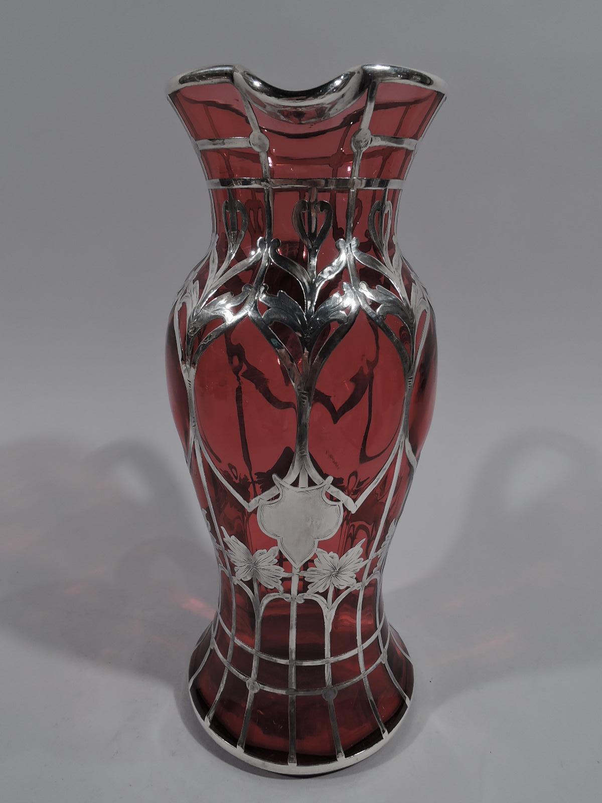 American Art Nouveau Red Silver Overlay Claret Jug In Excellent Condition In New York, NY