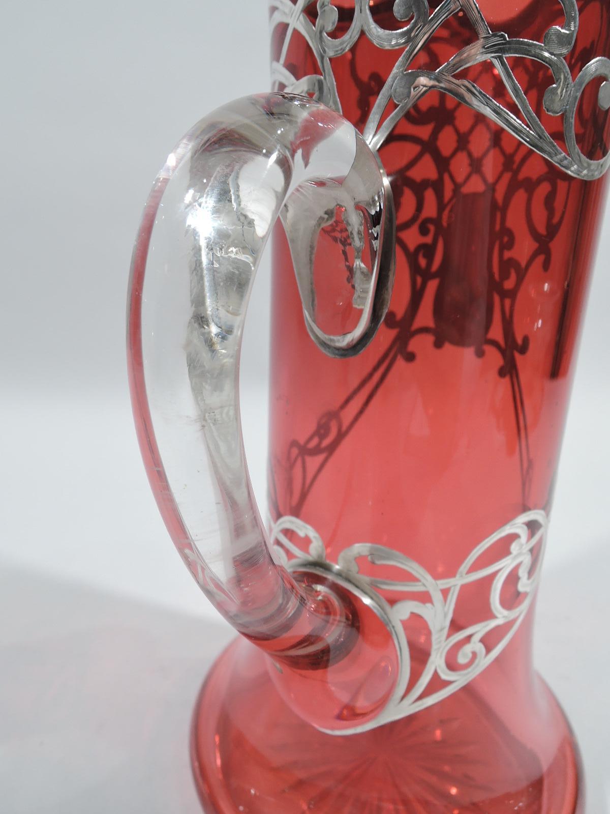 American Art Nouveau Red Silver Overlay Claret Jug In Excellent Condition For Sale In New York, NY