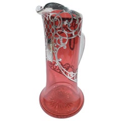 American Art Nouveau Red Silver Overlay Claret Jug