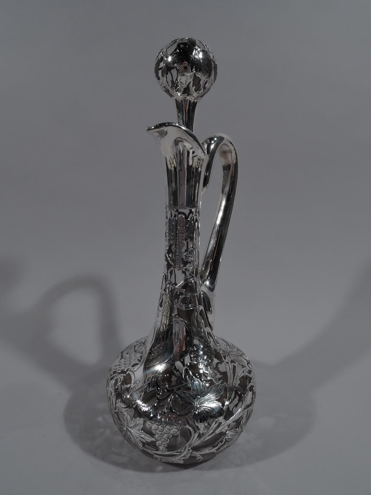 North American American Art Nouveau Silver Overlay Grapevine Decanter by Alvin For Sale