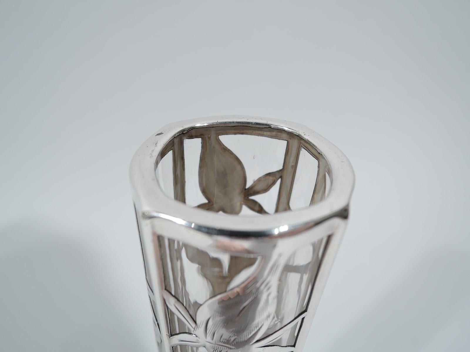 American Art Nouveau Silver Overlay Vase in Clear Glass Shading to Red In Excellent Condition In New York, NY