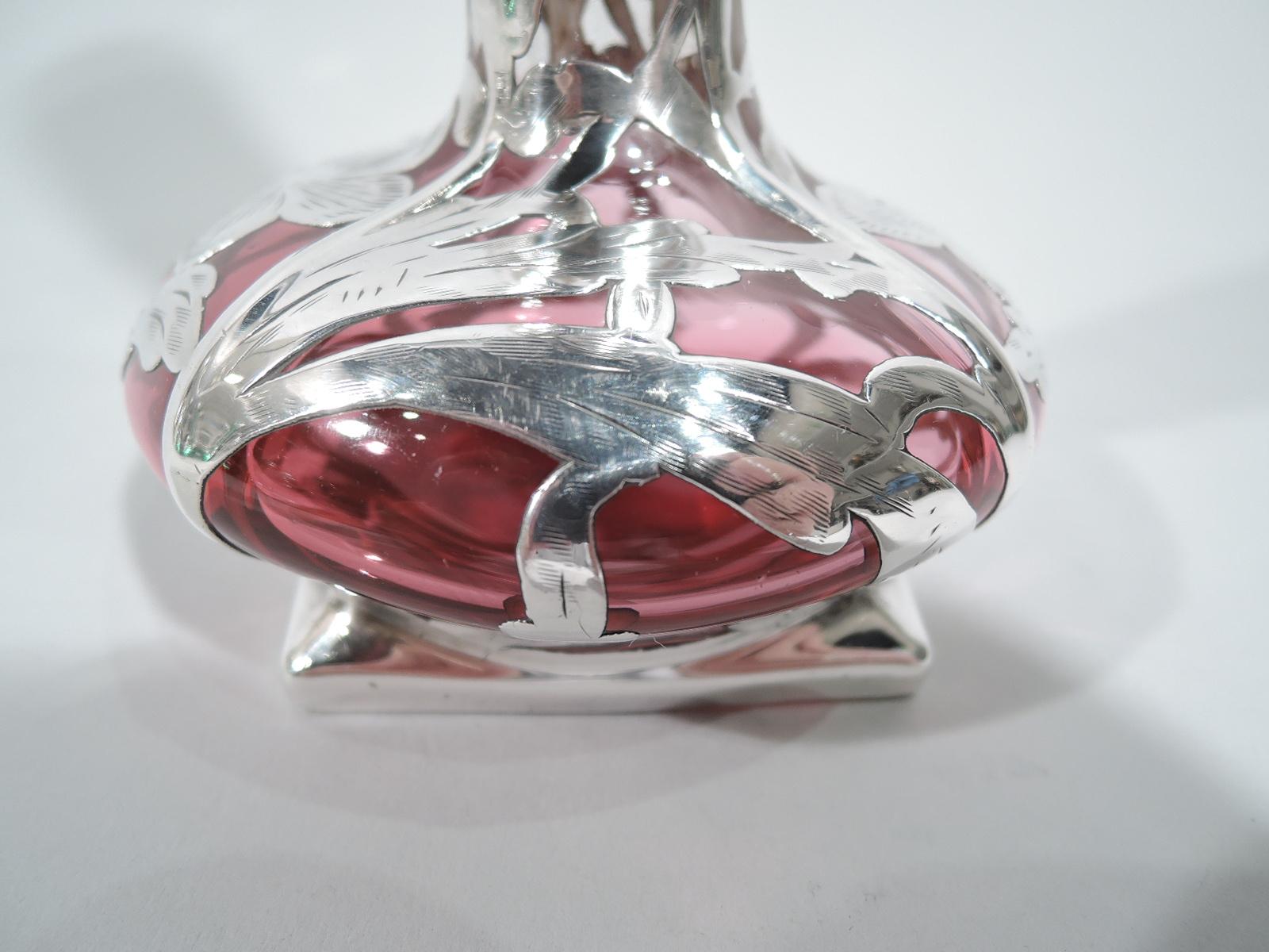 20th Century American Art Nouveau Silver Overlay Vase in Clear Glass Shading to Red