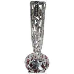 American Art Nouveau Silver Overlay Vase in Clear Glass Shading to Red
