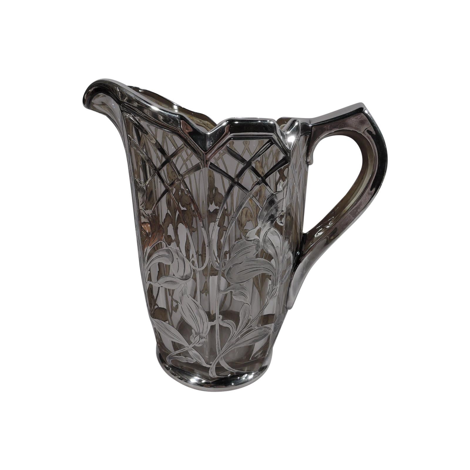 American Art Nouveau Silver Overlay Water Pitcher with Iris Flowers