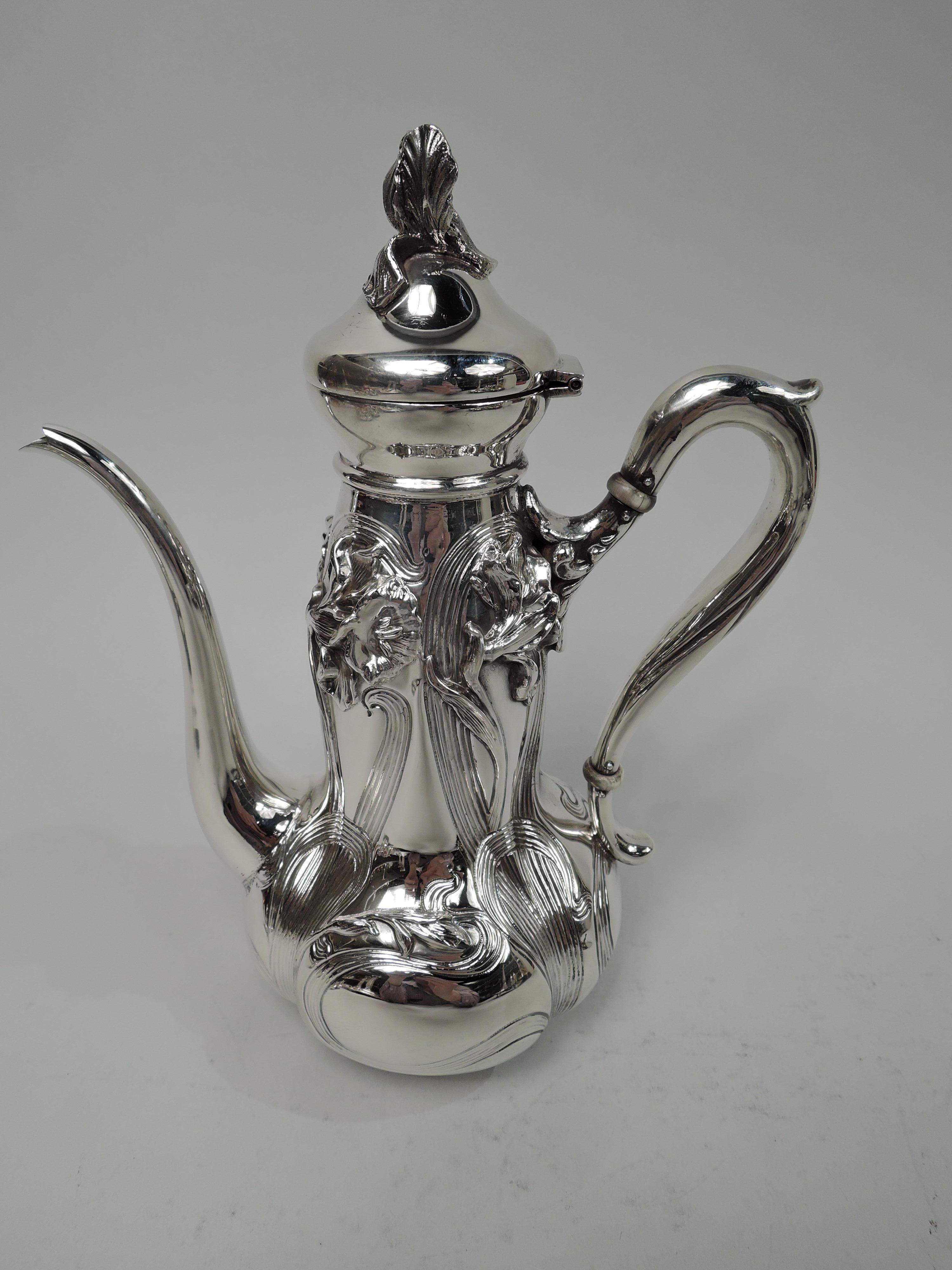 American Art Nouveau Sterling Silver 3-Piece Coffee Set by Kerr In Excellent Condition For Sale In New York, NY