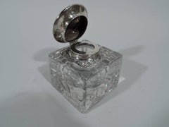 American Art Nouveau Sterling Silver and Glass Inkwell by Gorham