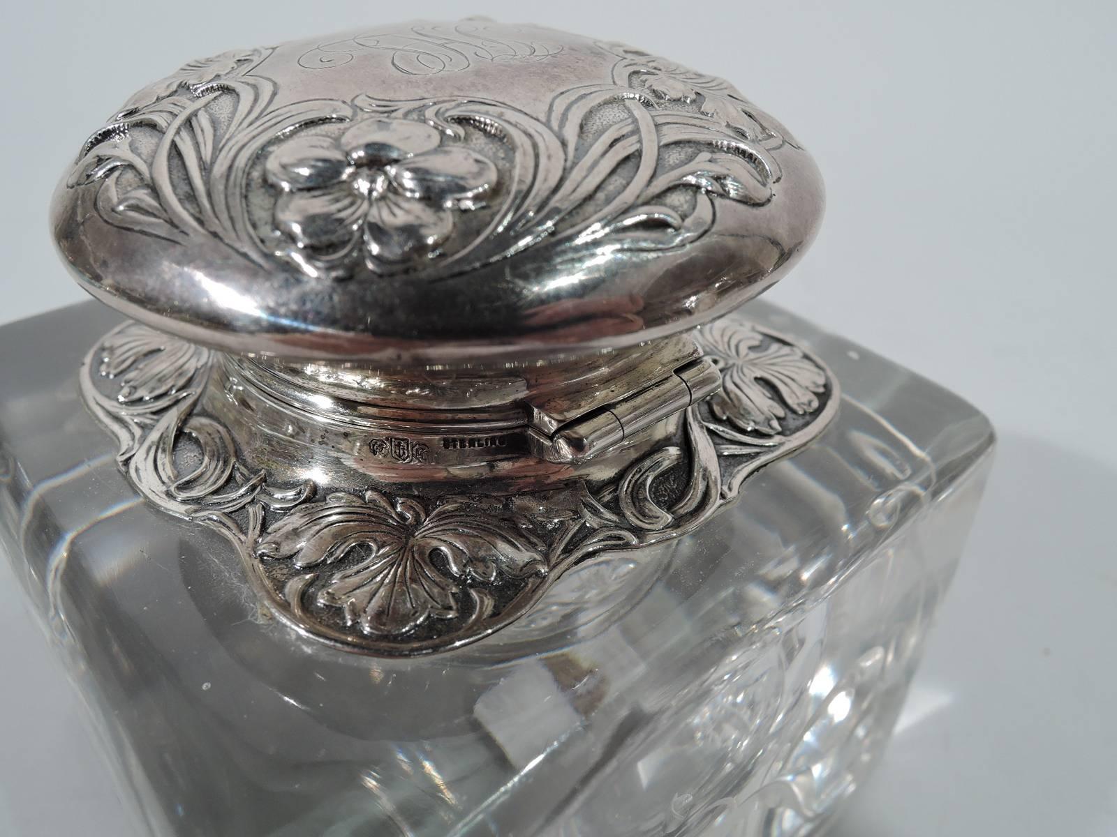 20th Century American Art Nouveau Sterling Silver and Glass Inkwell by Gorham For Sale