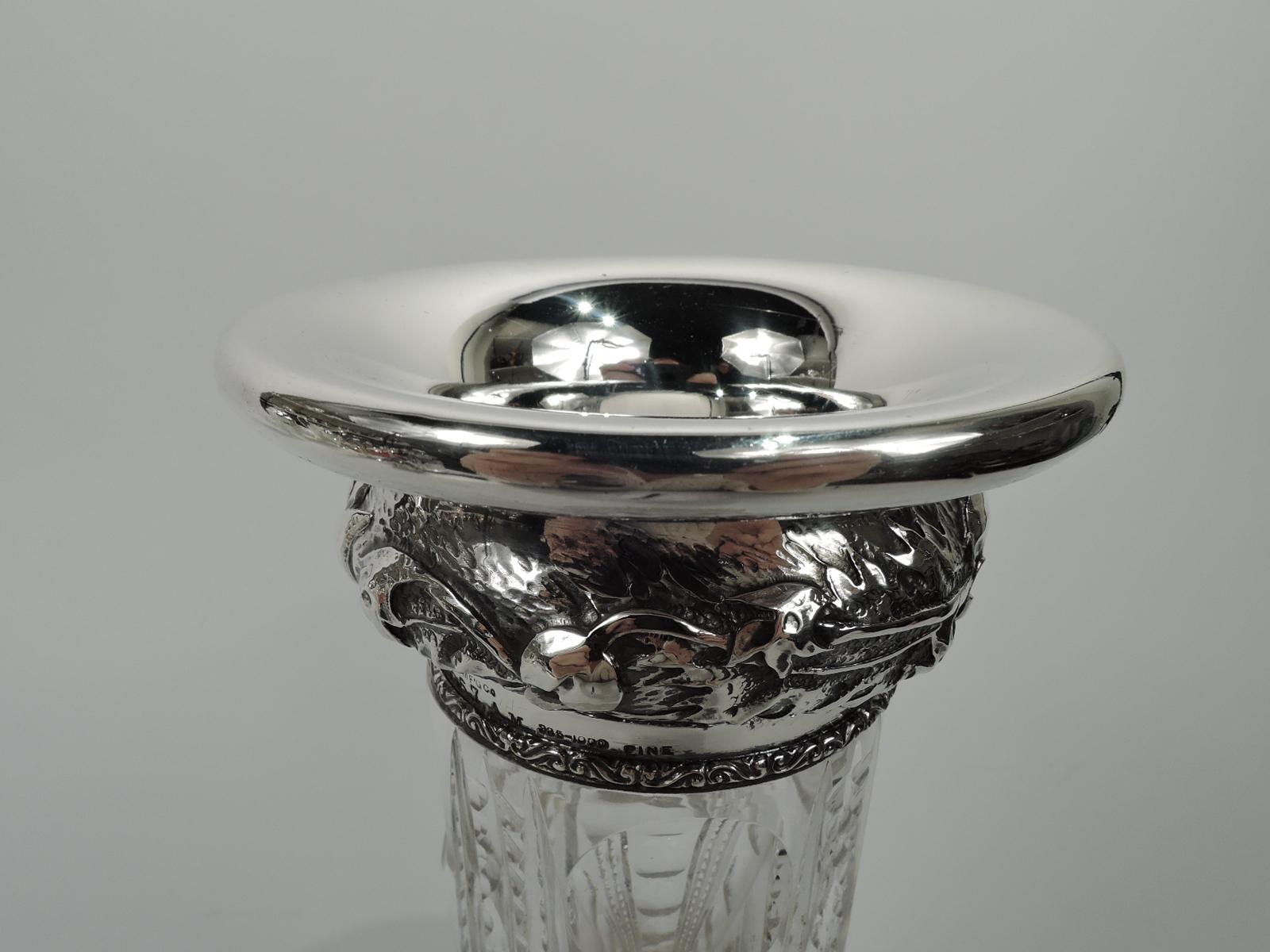 American Art Nouveau Sterling Silver & Brilliant-Cut Glass Vase In Excellent Condition For Sale In New York, NY