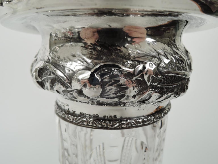 20th Century American Art Nouveau Sterling Silver & Brilliant-Cut Glass Vase For Sale