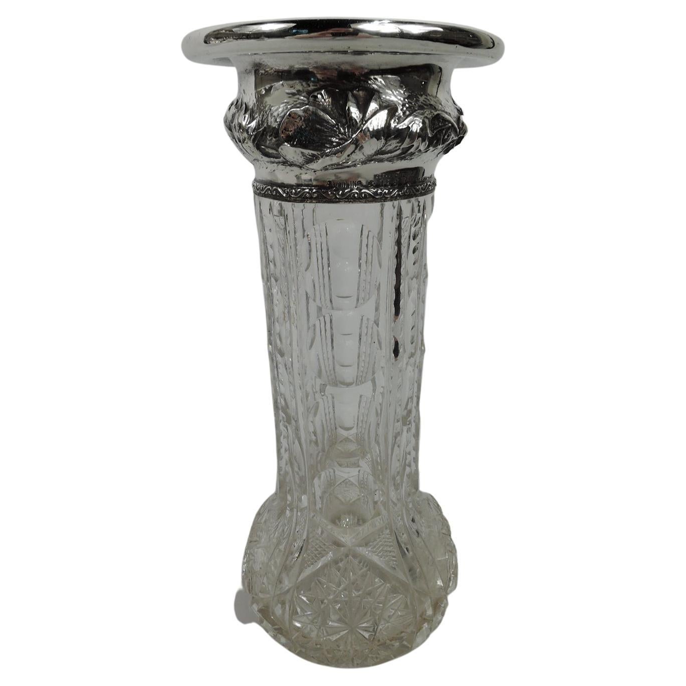 American Art Nouveau Sterling Silver & Brilliant-Cut Glass Vase