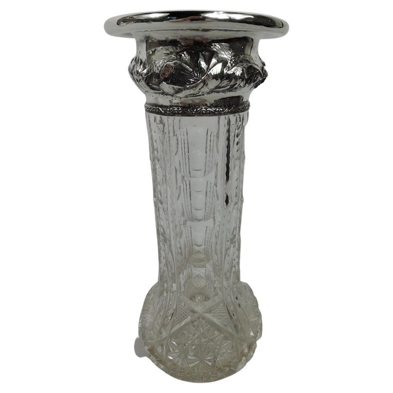 American Art Nouveau Sterling Silver & Brilliant-Cut Glass Vase For Sale