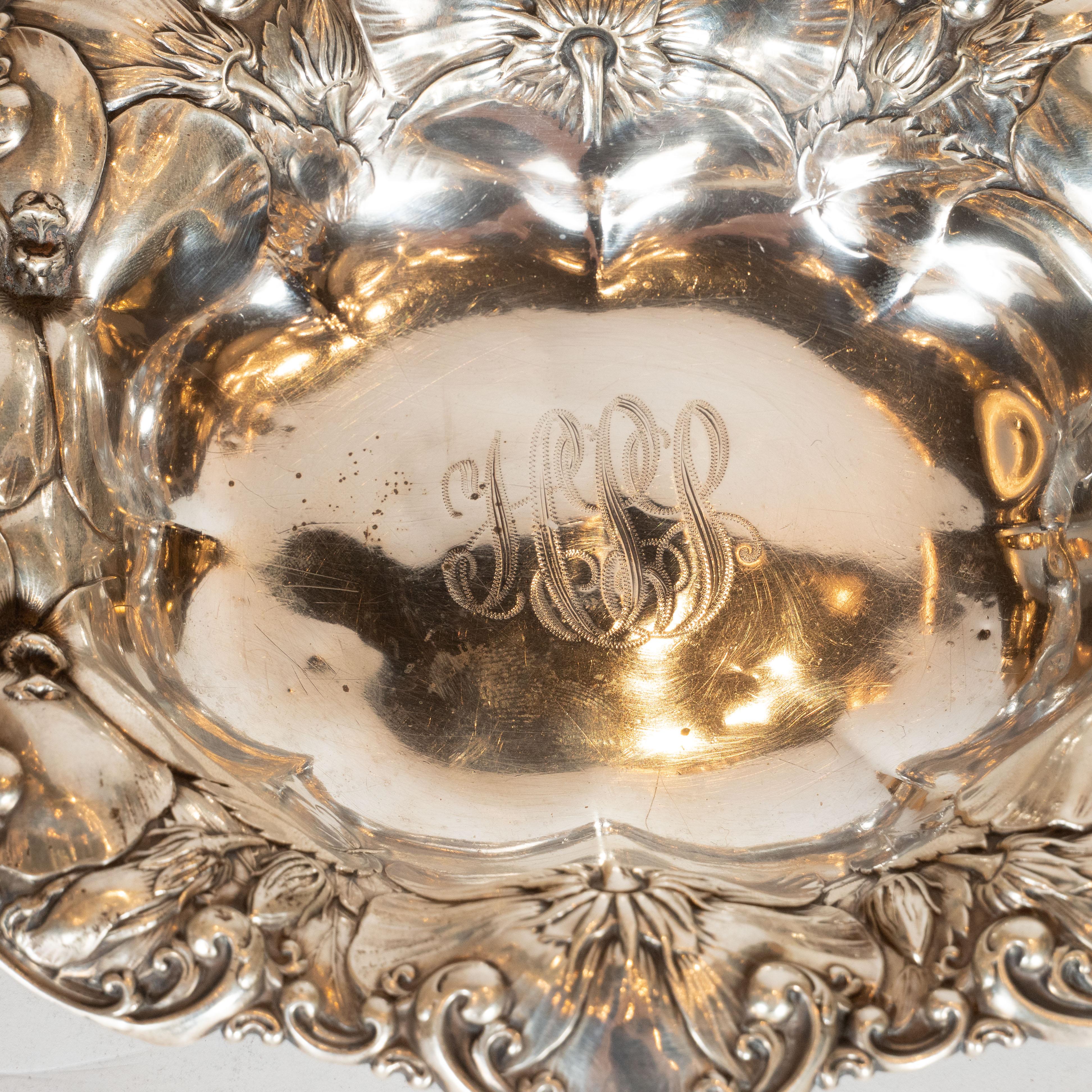 American Art Nouveau Sterling Silver Repousse Engraved Floral Decorative Dish For Sale 6