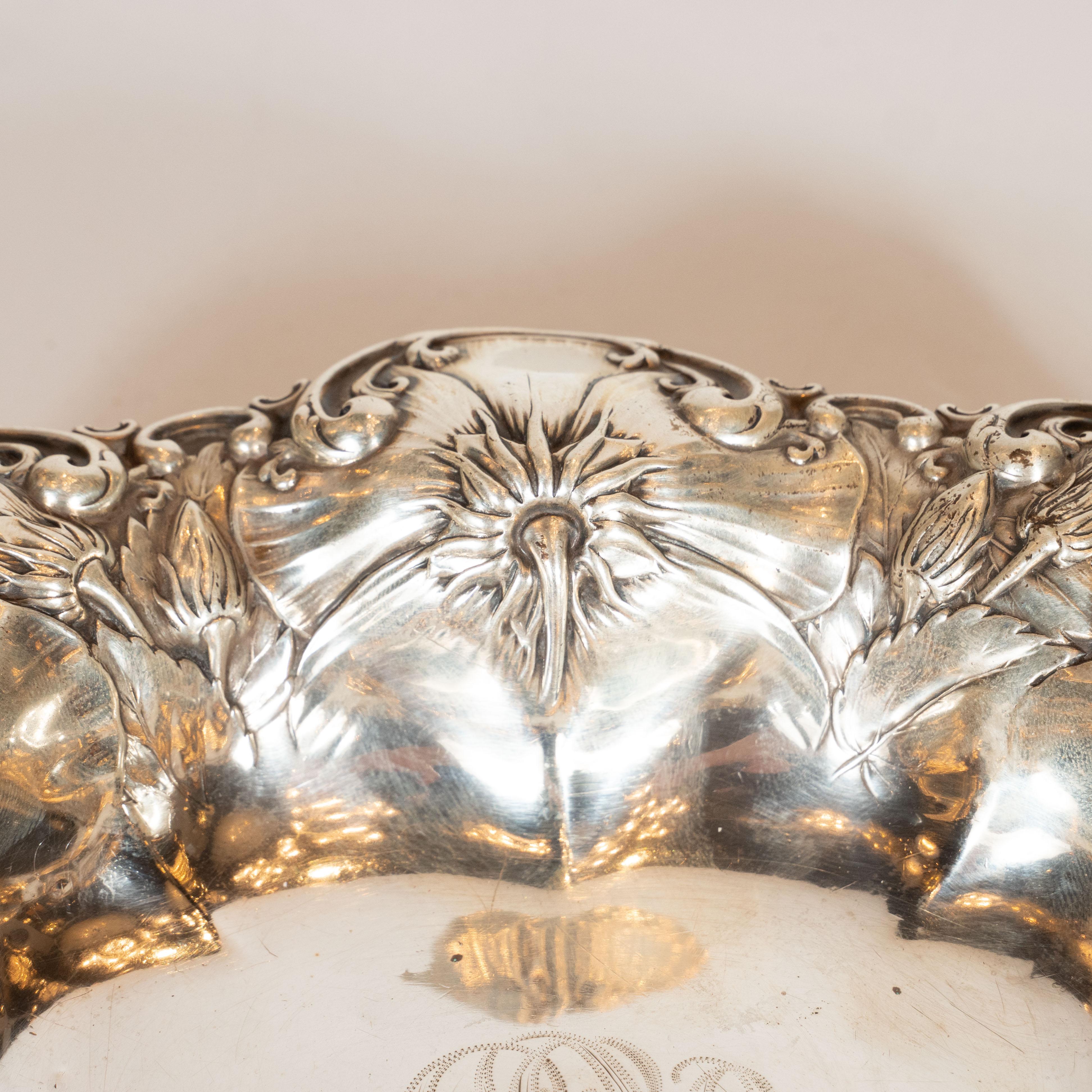 American Art Nouveau Sterling Silver Repousse Engraved Floral Decorative Dish For Sale 1