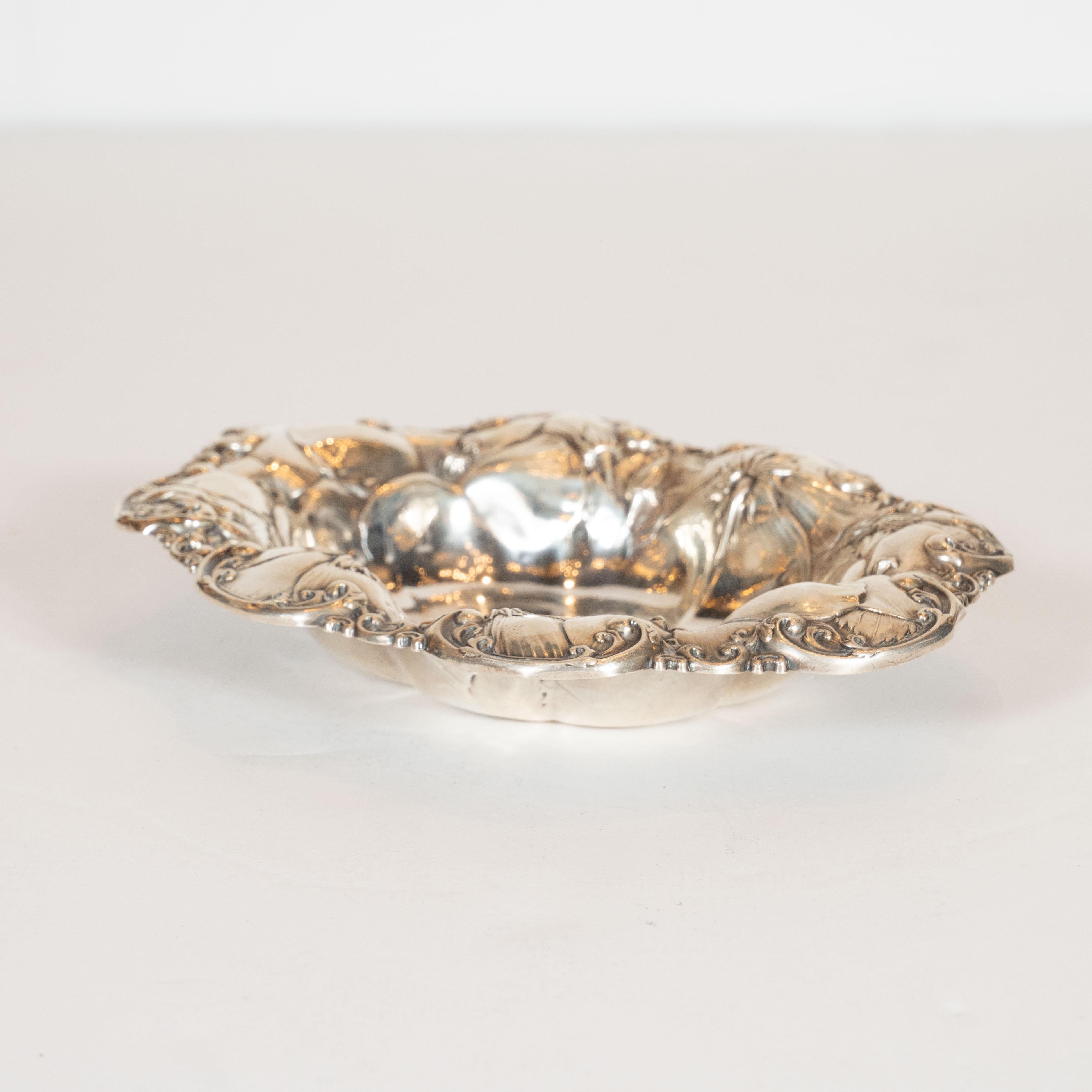 American Art Nouveau Sterling Silver Repousse Engraved Floral Decorative Dish For Sale 2